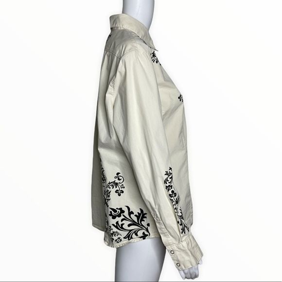 Disney Store Shirt Womens Large Ivory Black Floral Western Button Up Tinkerbell - Picture 2 of 7